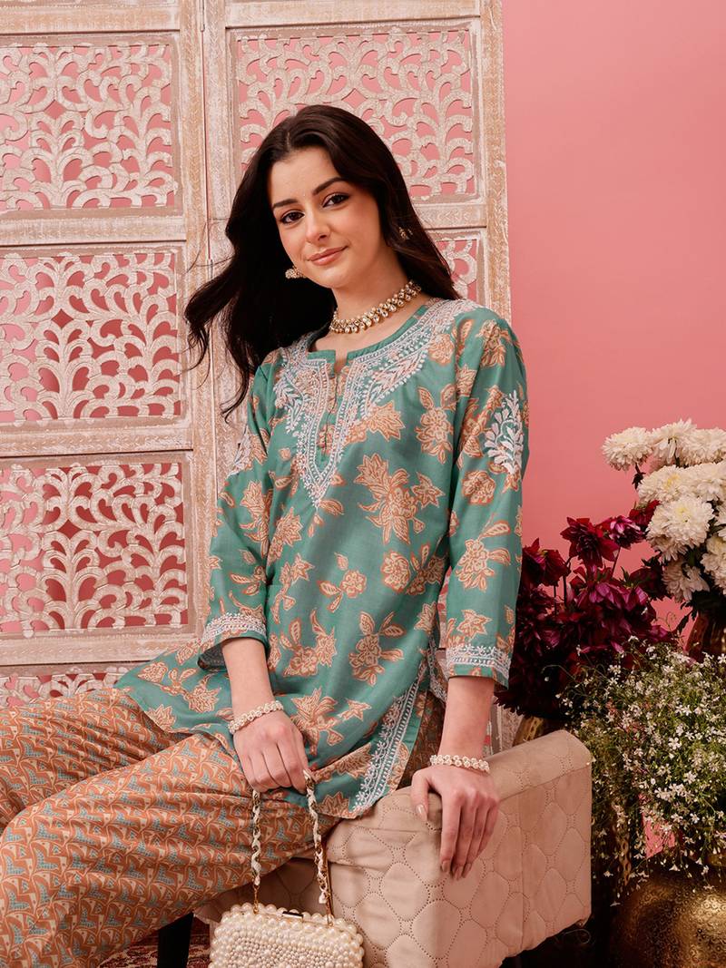 Hand embroidered green muslin lucknowi chikankari co-ord set