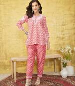 Hand embroidered red muslin lucknowi chikankari co-ord set