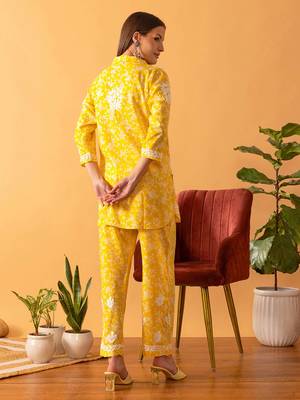 Hand embroidered floral printed yellow cotton lucknowi chikankari co-ord set 2