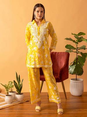 Hand embroidered floral printed yellow cotton lucknowi chikankari co-ord set 3