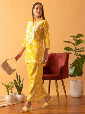 Hand embroidered floral printed yellow cotton lucknowi chikankari co-ord set 4