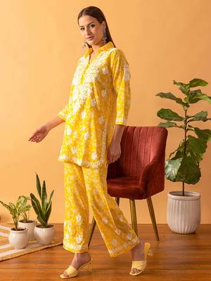 Hand embroidered floral printed yellow cotton lucknowi chikankari co-ord set 5