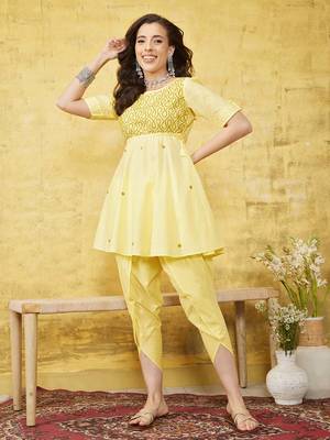Hand embroidered yellow cotton lucknowi chikankari flared kurti with dhoti set 1