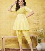 Hand embroidered yellow cotton lucknowi chikankari flared kurti with dhoti set