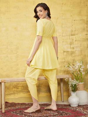 Hand embroidered yellow cotton lucknowi chikankari flared kurti with dhoti set 2