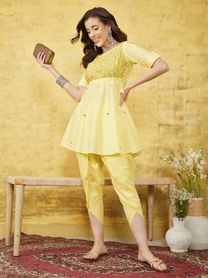 Hand embroidered yellow cotton lucknowi chikankari flared kurti with dhoti set 3