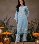 Hand embroidered blue cotton lucknowi chikankari co-ord set