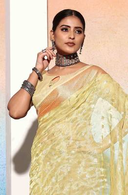 lime embroiderd tissue cotton silk blend saree with unstitched blouse piece 5
