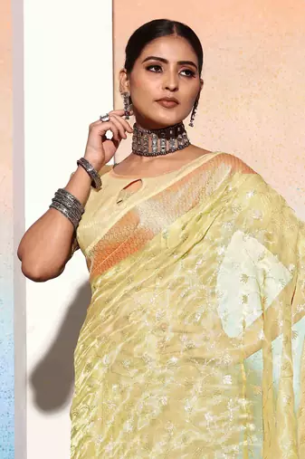 lime embroiderd tissue cotton silk blend saree with unstitched blouse piece
