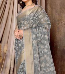 Grey printed khadi silk blend saree with unstitched blouse piece