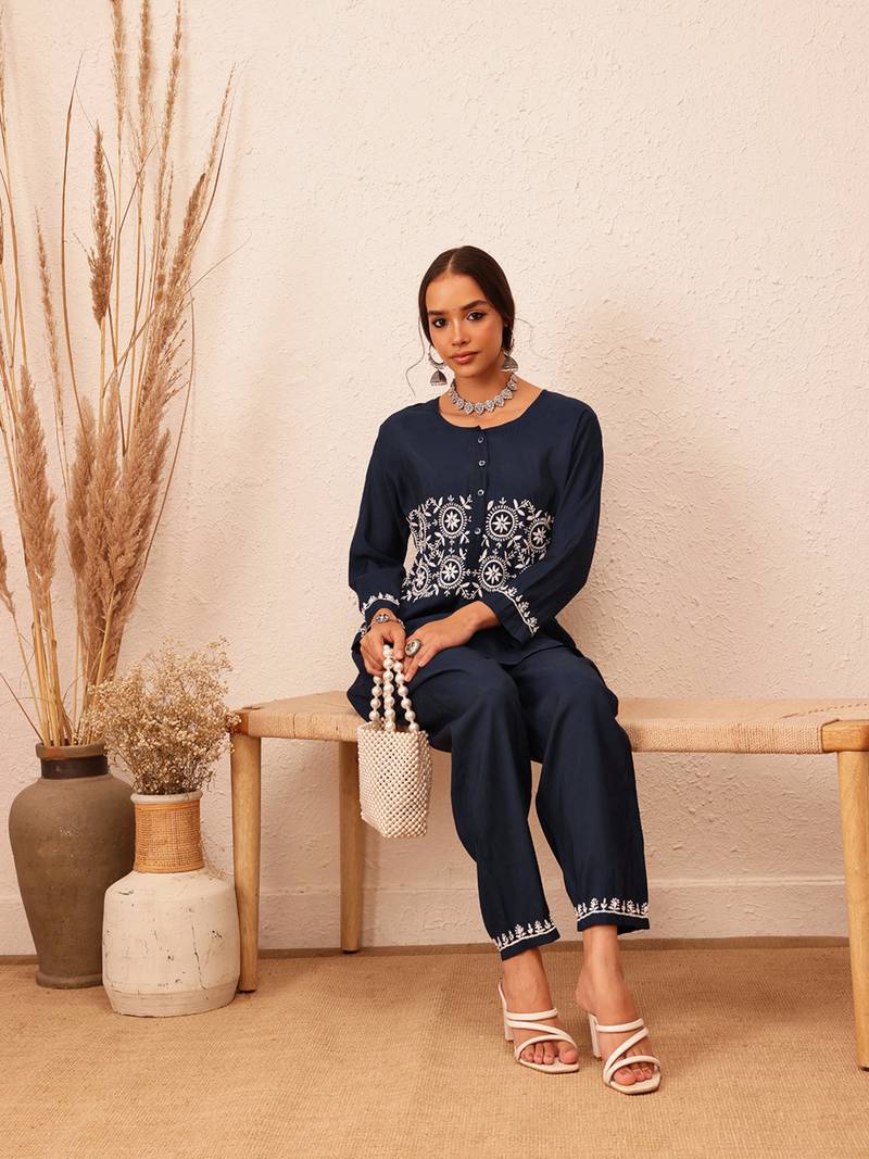 Hand embroidered navy blue cotton lucknowi chikankari co-ord set