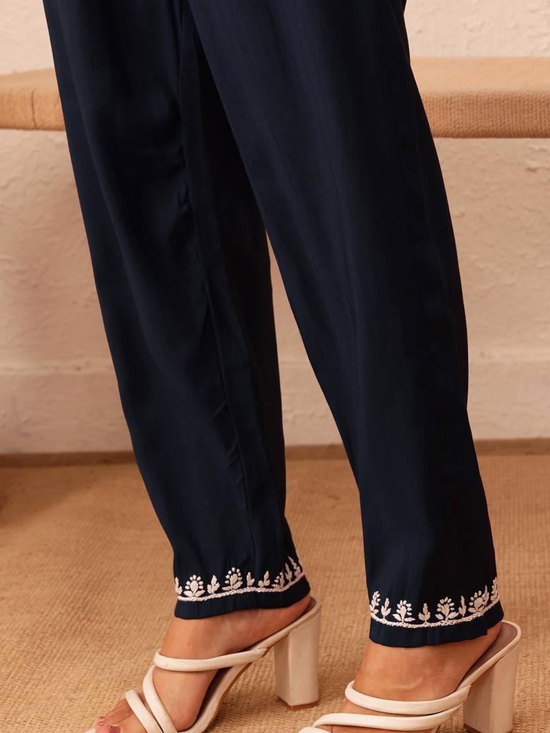 Hand embroidered navy blue cotton lucknowi chikankari co-ord set