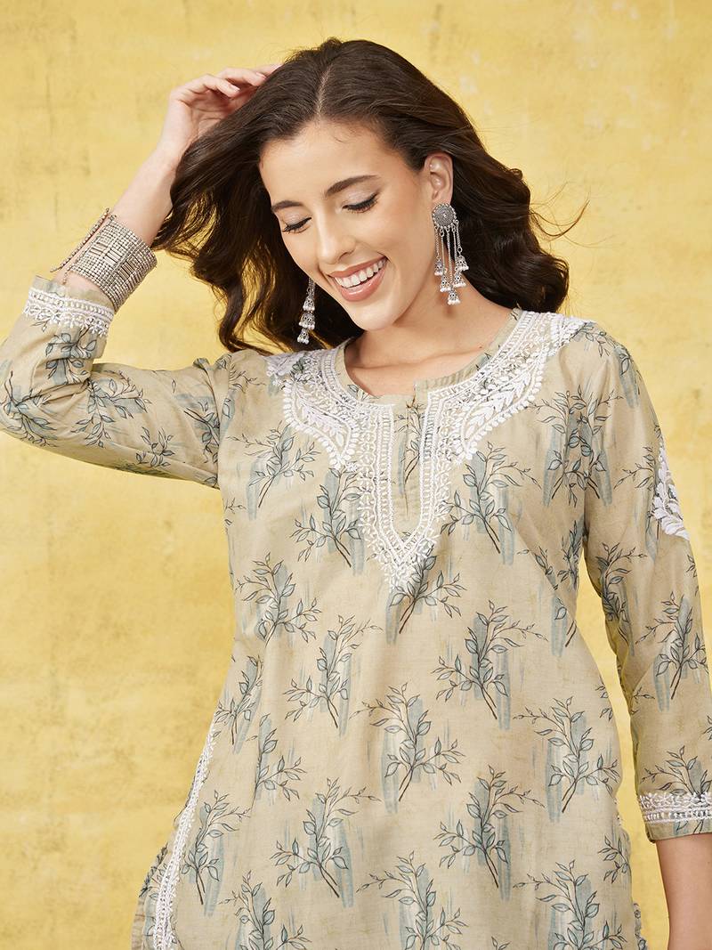 Hand embroidered fawn muslin lucknowi chikankari co-ord set