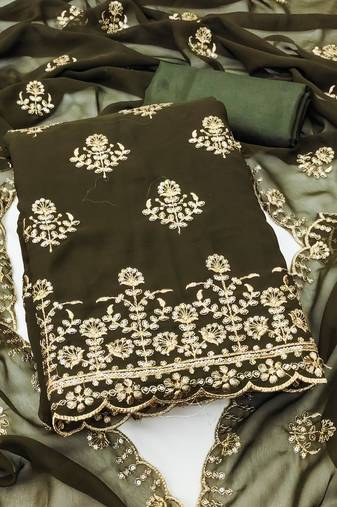 Women's olive green unstitched heavy sequence zari embrodiery georgette dress material 