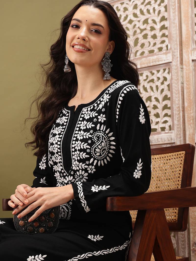 Hand embroidered black rayon lucknowi chikankari co-ord set