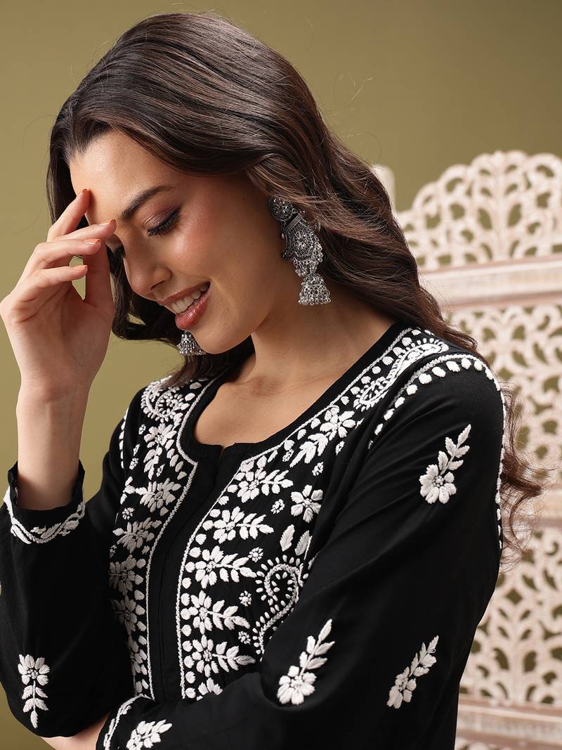 Hand embroidered black rayon lucknowi chikankari co-ord set