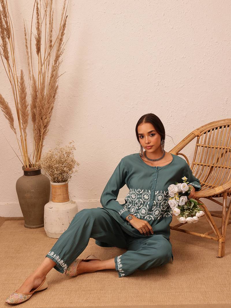 Hand embroidered slate grey cotton lucknowi chikankari co-ord set