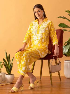 Hand embroidered floral printed yellow cotton lucknowi chikankari co-ord set 6