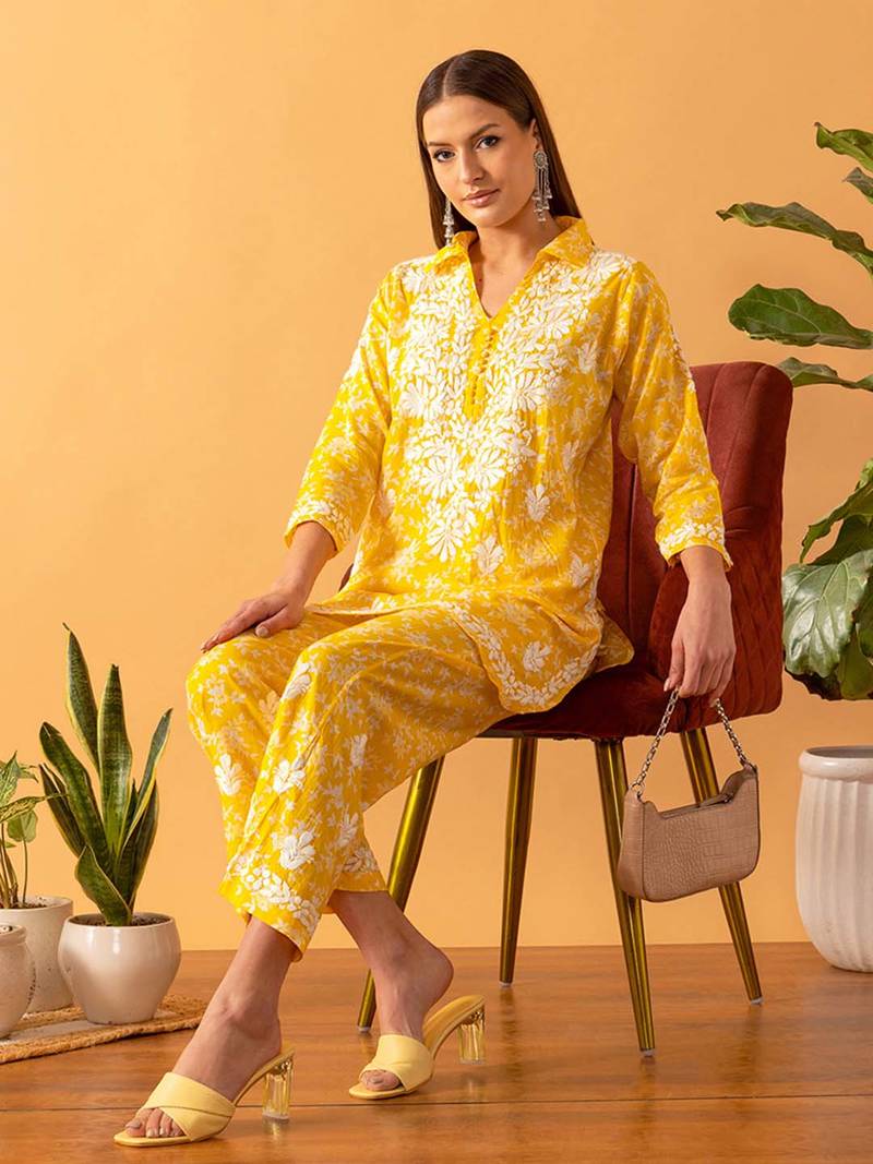 Hand embroidered floral printed yellow cotton lucknowi chikankari co-ord set