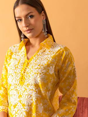 Hand embroidered floral printed yellow cotton lucknowi chikankari co-ord set 7