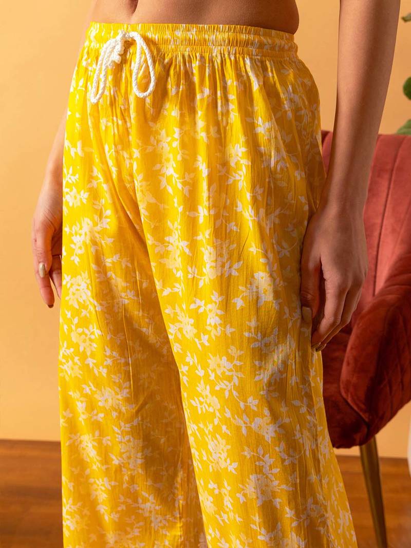 Hand embroidered floral printed yellow cotton lucknowi chikankari co-ord set