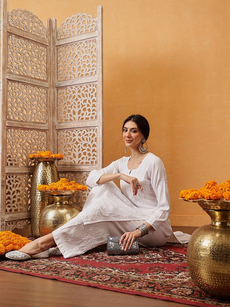 Hand embroidered white cotton lucknowi chikankari straight kurta/palazzo set with muqaish work