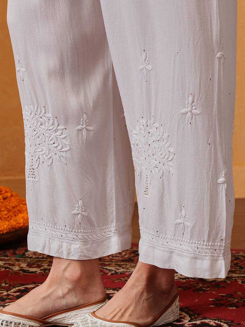 Hand embroidered white cotton lucknowi chikankari straight kurta/palazzo set with muqaish work