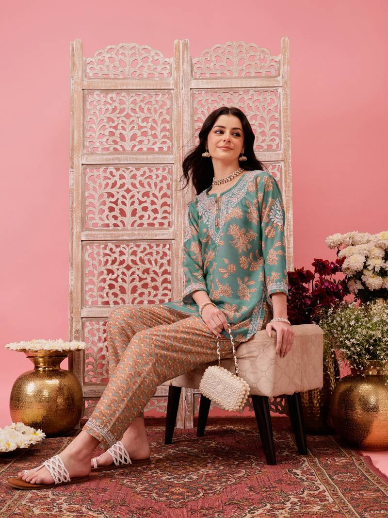 Hand embroidered green muslin lucknowi chikankari co-ord set