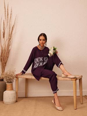 Hand embroidered wine cotton lucknowi chikankari co-ord set 6
