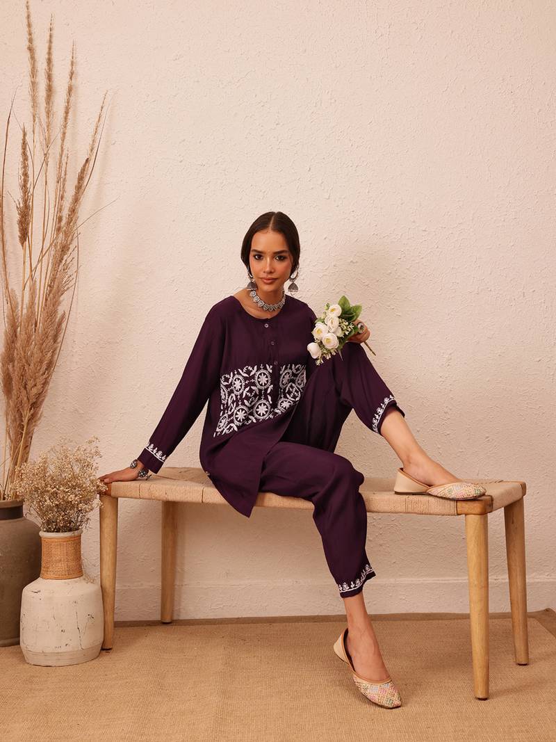 Hand embroidered wine cotton lucknowi chikankari co-ord set