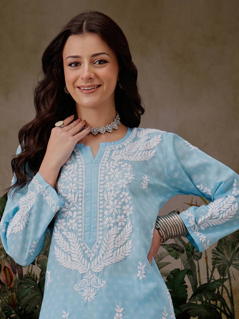 Hand embroidered blue cotton lucknowi chikankari co-ord set