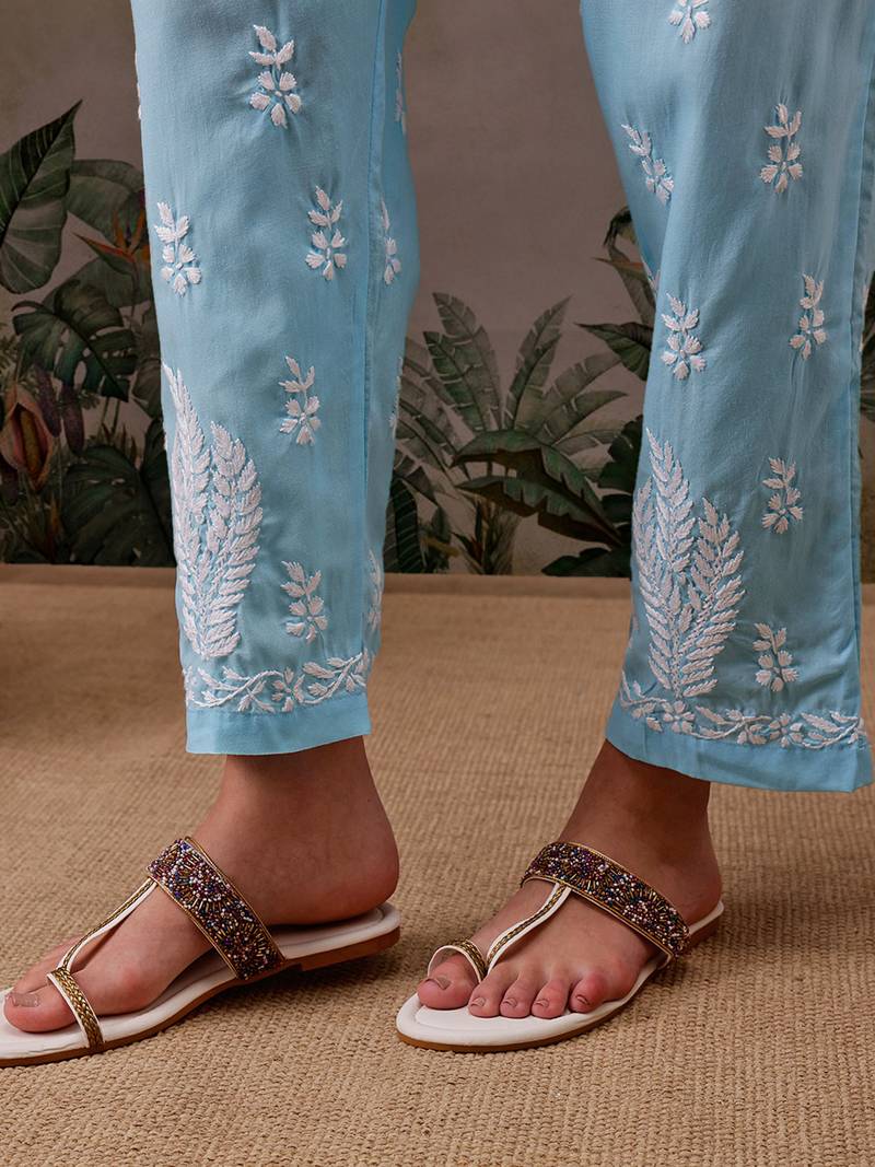 Hand embroidered blue cotton lucknowi chikankari co-ord set