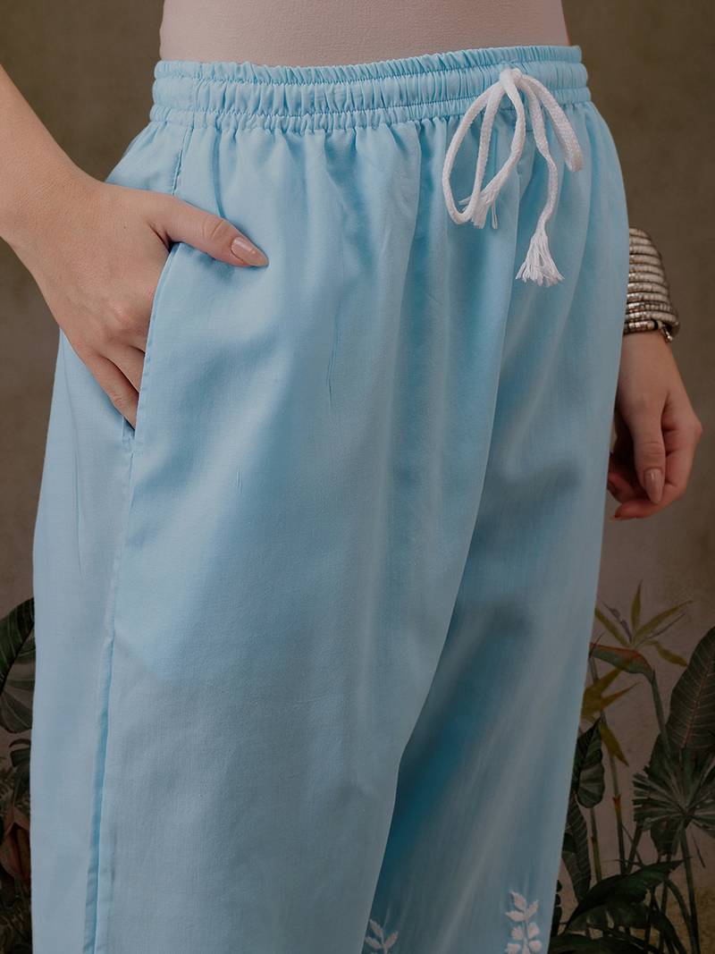 Hand embroidered blue cotton lucknowi chikankari co-ord set