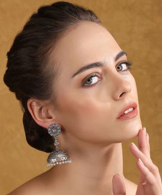 Stone-studded & beaded drop jhumka earrings 1
