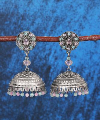 Stone-studded & beaded drop jhumka earrings 2