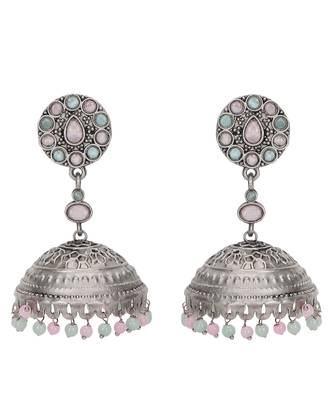 Stone-studded & beaded drop jhumka earrings 3