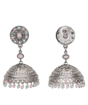Stone-studded & beaded drop jhumka earrings 4