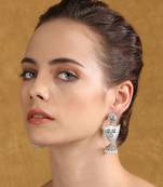 Silver-plated stone studded & beaded drop earrings