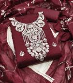 Women's maroon unstitched heavy thread chanderi cotton dress material 
