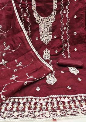 Women's maroon heavy thread chanderi cotton dress material 2