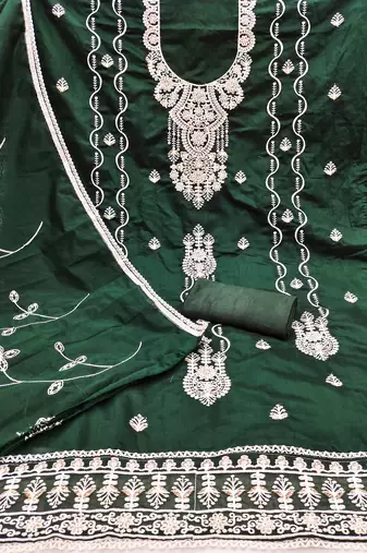 Women's green heavy thread chanderi cotton dress material