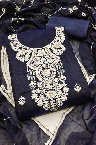 Women's blue unstitched heavy thread  chanderi cotton dress material 
