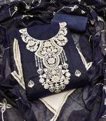 Women's blue unstitched heavy thread chanderi cotton dress material 