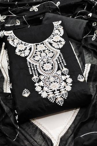 Women's black unstitched heavy thread  chanderi cotton dress material 
