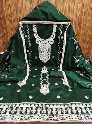 Women's green heavy thread chanderi cotton dress material 3