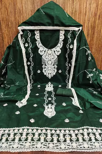 Women's green heavy thread chanderi cotton dress material