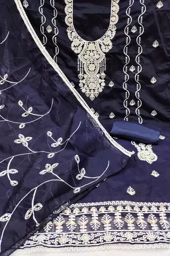 Women's blue heavy thread chanderi cotton dress material