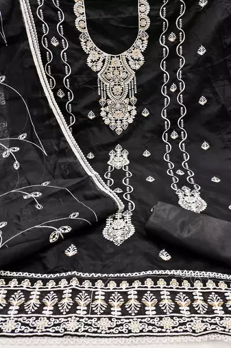 Women's black heavy thread chanderi cotton dress material