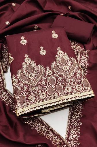 Women's wine unstitched heavy thread zari embrodiery jalpari cotton dress material 