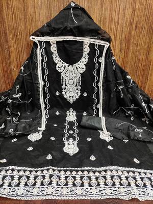Women's black heavy thread chanderi cotton dress material 3